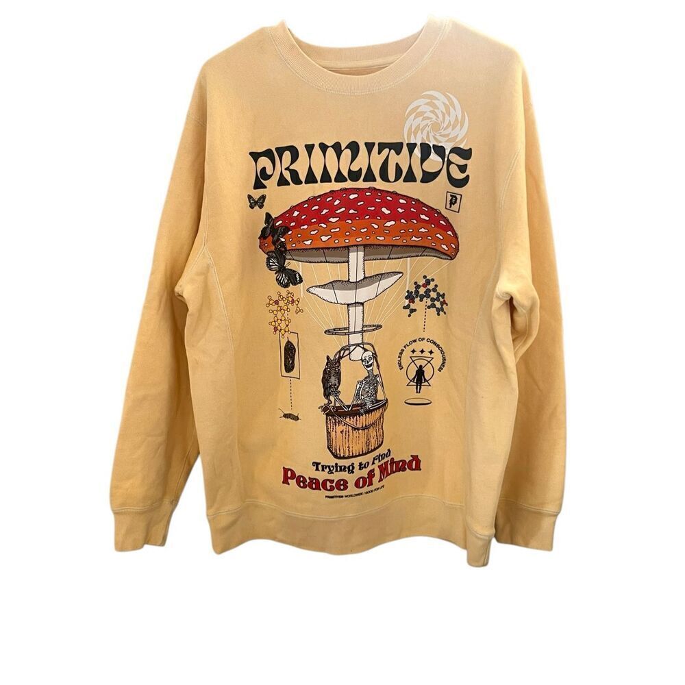 Primitive Skateboarding M Crewneck mushroom skeleton Elevator Washed tan peace